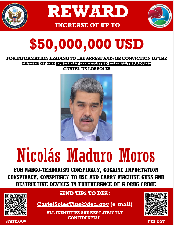 Marco Rubio comparte imagen con recompensa de 50 millones de dólares por captura de Nicolás Maduro