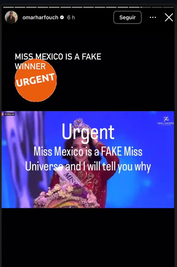 Omar Harfouch llama falsa ganadora a Fátima Bosch tras Miss Universo 2025 y desata polémica