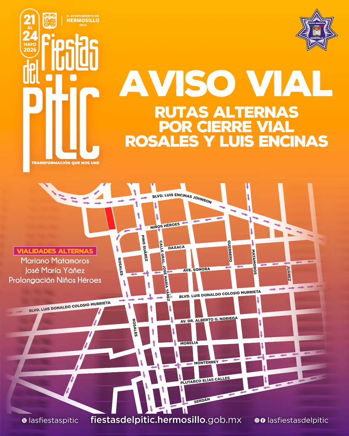 Cierre del bulevar Rosales por Fiestas del Pitic inicia esta noche en Hermosillo